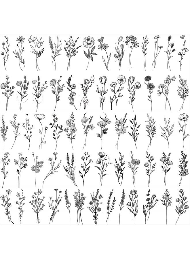FANRUI 15 ورقة من تاتو مؤقت من FANRUI لزهور الفروع السوداء الصغيرة للنساء والفتيات، تاتو مؤقت لنباتات برية، لافندر، باقة زهور، تاتو مزيف للبالغين، الوجه، اليدين، مجموعة للأطفال، ملصق - Image 1