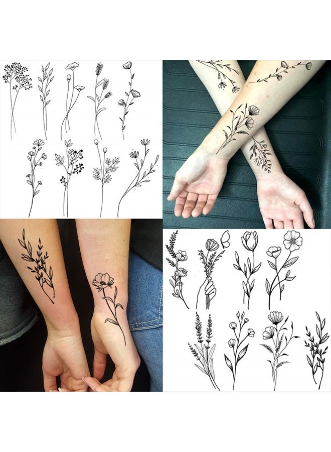 FANRUI 15 ورقة من تاتو مؤقت من FANRUI لزهور الفروع السوداء الصغيرة للنساء والفتيات، تاتو مؤقت لنباتات برية، لافندر، باقة زهور، تاتو مزيف للبالغين، الوجه، اليدين، مجموعة للأطفال، ملصق - Image 4