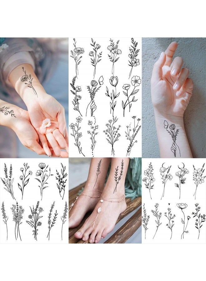 FANRUI 15 ورقة من تاتو مؤقت من FANRUI لزهور الفروع السوداء الصغيرة للنساء والفتيات، تاتو مؤقت لنباتات برية، لافندر، باقة زهور، تاتو مزيف للبالغين، الوجه، اليدين، مجموعة للأطفال، ملصق - Image 3