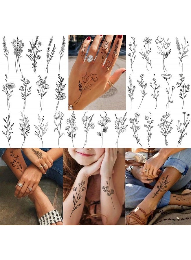 FANRUI 15 ورقة من تاتو مؤقت من FANRUI لزهور الفروع السوداء الصغيرة للنساء والفتيات، تاتو مؤقت لنباتات برية، لافندر، باقة زهور، تاتو مزيف للبالغين، الوجه، اليدين، مجموعة للأطفال، ملصق - Image 5