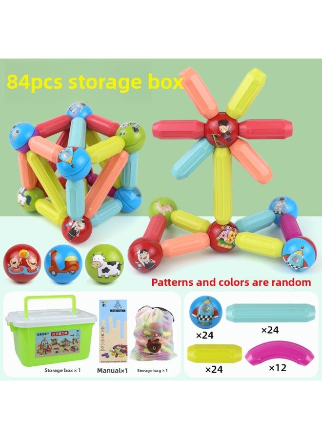 3D Changeable Magnetic Bar Children's Educational Toys Anti-swallowing Large Particles Early Education Magnetic Building Blocks Combination Set-Color:3D Magnetic Bar (84) Storage Box E-commerce Packaging (twice The Magnetic Force) - Image 1