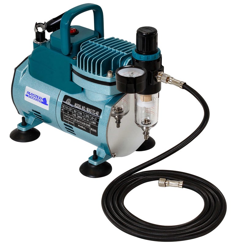 Master Airbrush Model TC-40 Air Brush Compressor Kit - Cool Runner Professional Single-Piston Airbrush Compressor with Regulator, Gauge, Water Trap Filter, 2 Holders & Air Hose - Image 2