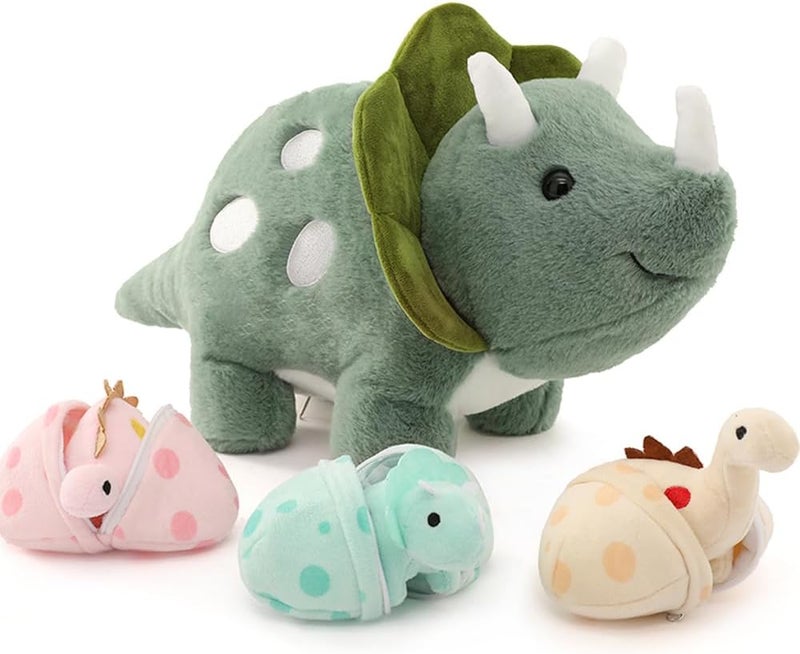 MorisMos 45 cm Dino Cuddly Toy XXL, Giant Triceratops Cuddly Toys with 3 Babies in the Belly, Soft Filled Dinosaur Stuffed Toy Cushion Doll Birthday Gifts for Children - Image 1