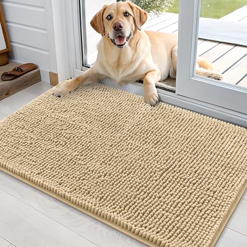 OLANLY Dog Door Mat for Muddy Paws 36x24, Absorbs Moisture and Dirt, Absorbent Non-Slip Washable Doormat, Quick Dry Chenille Mud Mat for Dogs, Entry Indoor Entryway Carpet for Inside Floor, Beige - Image 3