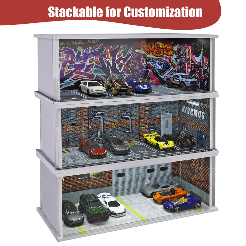Saichotoy Display Case for Hot Wheels: Stackable Parking Garage for 1/64 Scale Matchbox Toy Car, FoamBoard Storage for Monster Trucks with LED Light and Acrylic Cover, Repair Store - Image 4