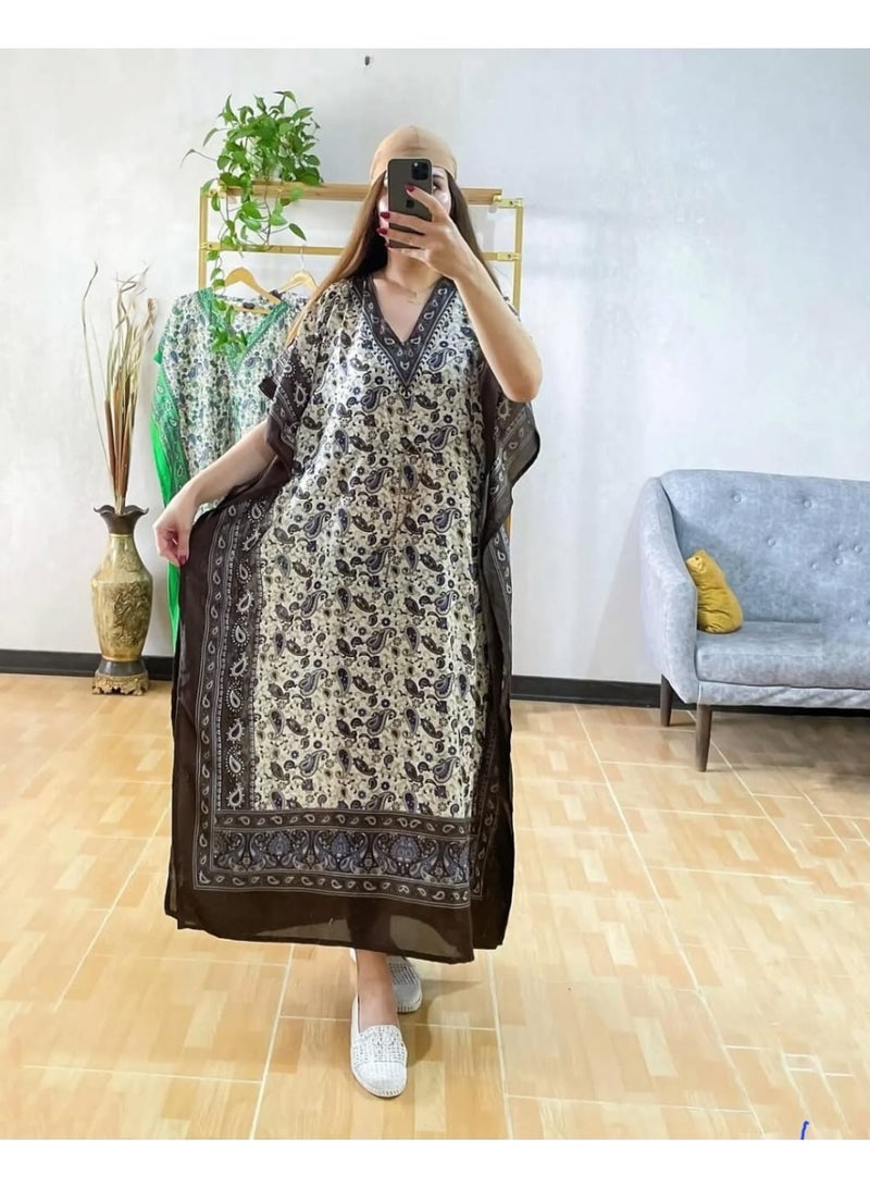 Women's Brown Multi Paisley Print Long Maxi Kaftan Dress with V-Neck
