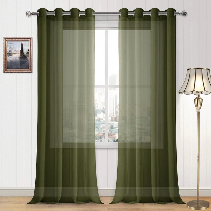 DWCN Olive Green Sheer Curtains Semi Sheer Drapes for Living Room BedroomFaux Linen Look Voile Grommet Top Solid Transparent Window Curtains Panel 52 x 95 inches Long Set of 2 Panels