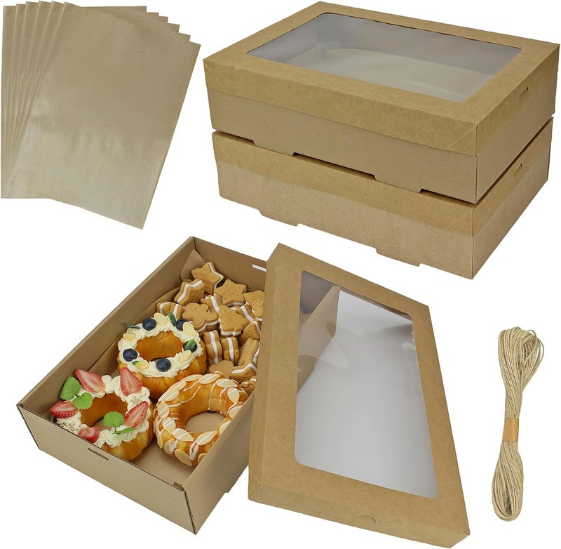 YankMooM 6 Pack Brown Cake Boxes with Window,30 x 20 x 7cm Cardboard Bakery Boxes Kraft Cookie Boxes Gift Warpping Box with Display for Packing - Image 1