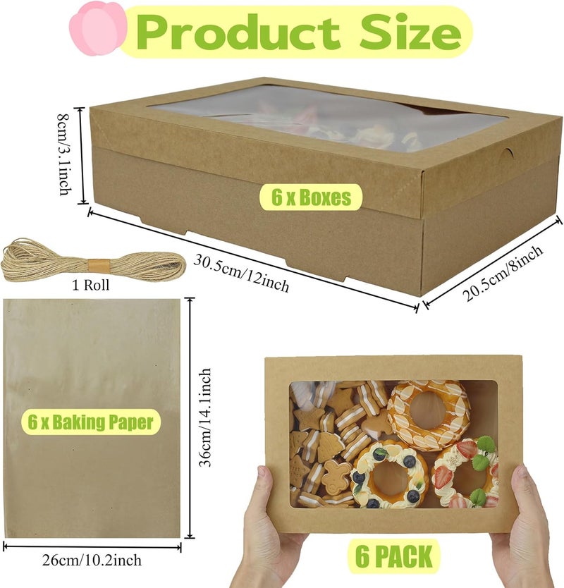 YankMooM 6 Pack Brown Cake Boxes with Window,30 x 20 x 7cm Cardboard Bakery Boxes Kraft Cookie Boxes Gift Warpping Box with Display for Packing - Image 2