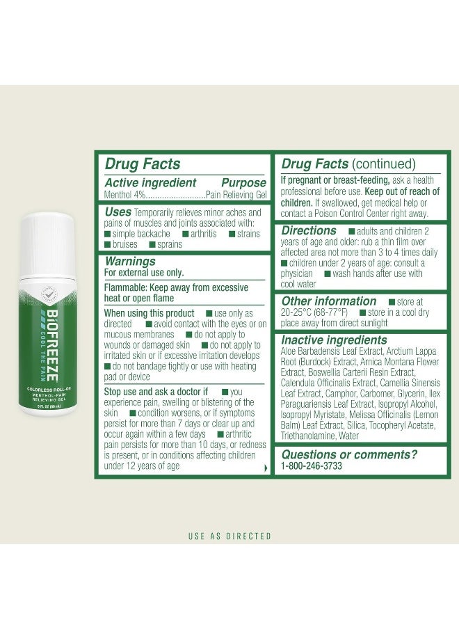 Biofreeze Roll-On Pain-Relieving Gel 3 FL OZ, Colorless Topical Pain Reliever For Muscles And Joints From Arthritis, Backache, Strains, Bruises, & Sprains (Package May Vary)