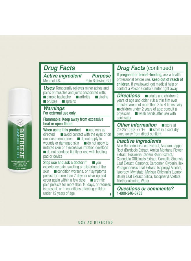 Biofreeze Roll-On Pain-Relieving Gel 3 FL OZ, Colorless Topical Pain Reliever For Muscles And Joints From Arthritis, Backache, Strains, Bruises, & Sprains (Package May Vary)