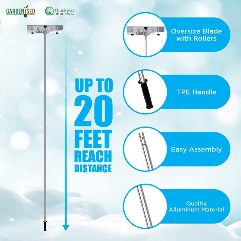 Gardenised Quickway Imports Snow Rake Shovel | Aluminum Snow & Leaf Removal Tool & Pusher Scraper for House Roof & Car with 26â€ Rolling Blade, Lightweight 5-21â€™ Telescoping Extendable Handle & Nonslip Grip,Gray - Image 3