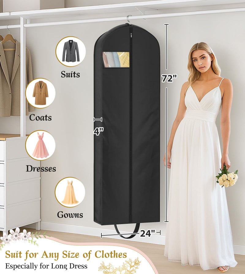 KEETDY 72" Wedding Dress Garment Bag for Travel with 4" Gusseted Long Hanging Dress Bags for Gowns for Women Garment Cover Clothes Storage for Closet, Black - Image 4