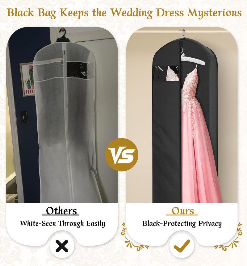 KEETDY 72" Wedding Dress Garment Bag for Travel with 4" Gusseted Long Hanging Dress Bags for Gowns for Women Garment Cover Clothes Storage for Closet, Black - Image 3