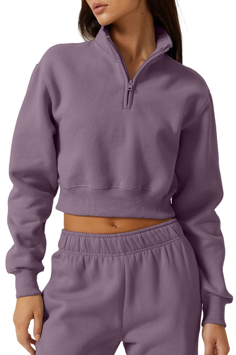 QINSEN Womens Fashion Zipper Sweatshirt Long Sleeve Fleece Top Crop Pullover Lavender S - Image 1