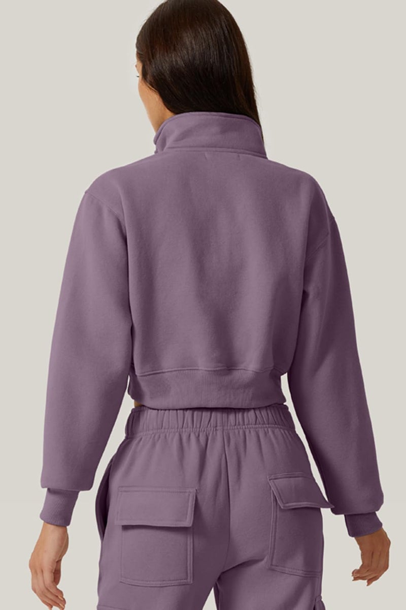 QINSEN Womens Fashion Zipper Sweatshirt Long Sleeve Fleece Top Crop Pullover Lavender S - Image 3