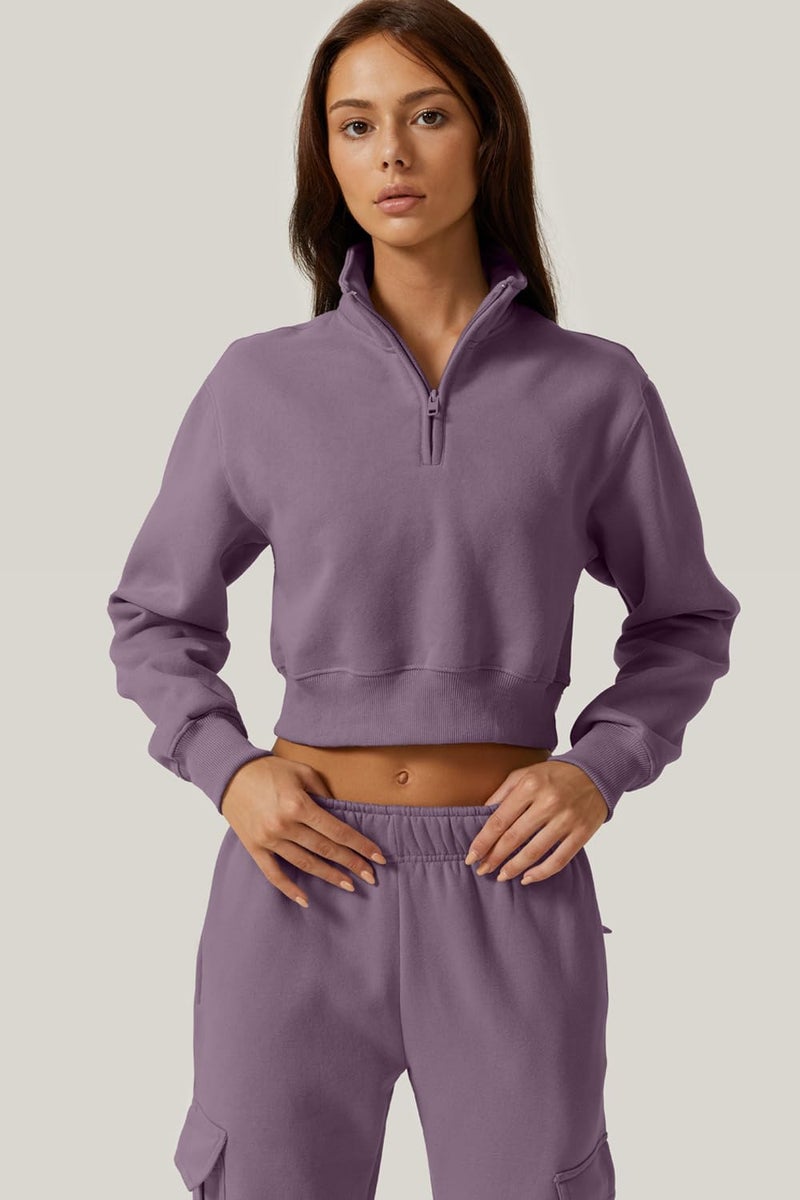 QINSEN Womens Fashion Zipper Sweatshirt Long Sleeve Fleece Top Crop Pullover Lavender S - Image 4