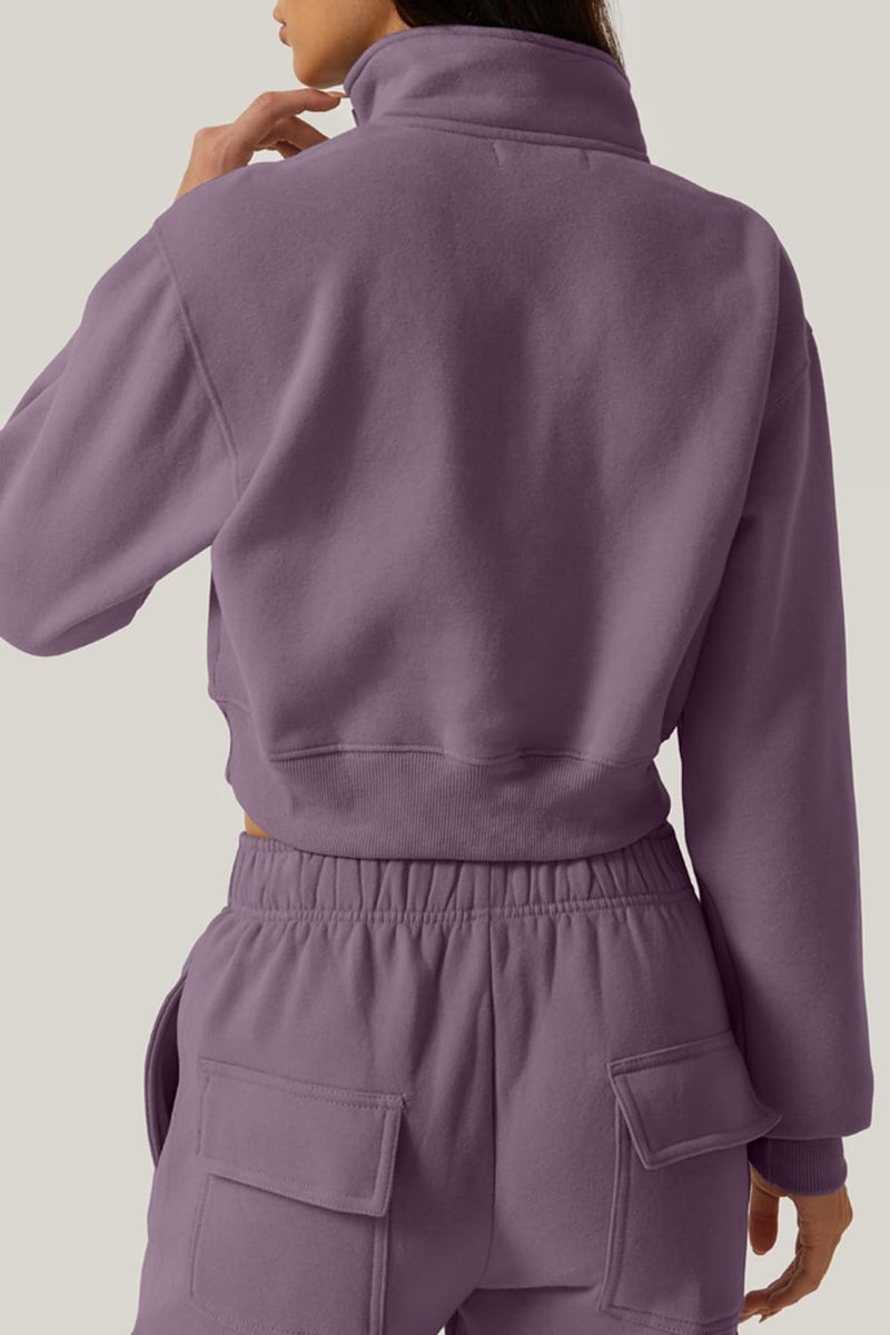 QINSEN Womens Fashion Zipper Sweatshirt Long Sleeve Fleece Top Crop Pullover Lavender S - Image 2