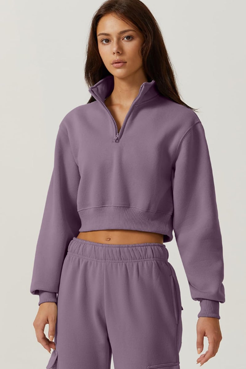 QINSEN Womens Fashion Zipper Sweatshirt Long Sleeve Fleece Top Crop Pullover Lavender S - Image 5