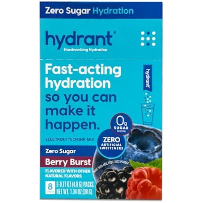 HYDRANT - Hydration Powder, Berry Burst Flavor, 8 Individual Sugar-Free Instant Electrolyte Rehydration Packets - Zero Sugar Drink Mix for Daily Use, Travel & Workouts - Image 1