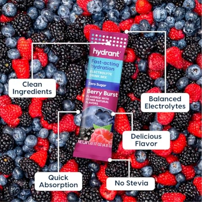 HYDRANT - Hydration Powder, Berry Burst Flavor, 8 Individual Sugar-Free Instant Electrolyte Rehydration Packets - Zero Sugar Drink Mix for Daily Use, Travel & Workouts - Image 4