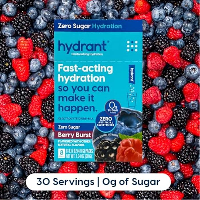 HYDRANT - Hydration Powder, Berry Burst Flavor, 8 Individual Sugar-Free Instant Electrolyte Rehydration Packets - Zero Sugar Drink Mix for Daily Use, Travel & Workouts - Image 2