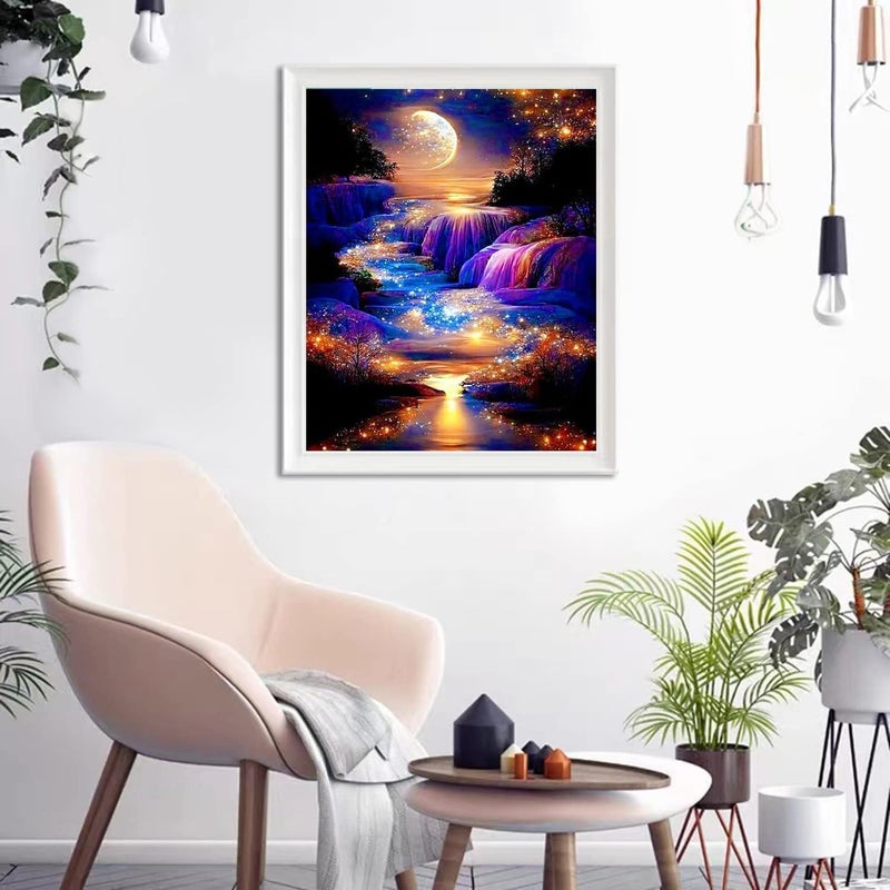 Simxen Moonlight Waterfall Diamond Painting Kits for Adults Landscape 5D Nature Scenery Diamond Art Kits for Beginners Starry Diamond Dots Full Round Diamonds - Image 3