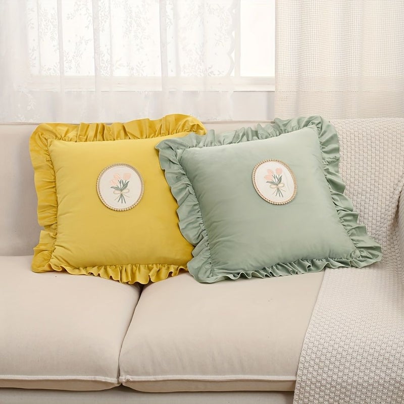 غطاء وسادة مقاس 45x45 سم (18x18 بوصة) باقة توليب مخملية هولندية خضراء بحواف مكشكشة، بدون حشوة، قطعة واحدة، مريح وسهل لديكور غرفة المعيشة والأريكة وغرفة النوم - Image 5