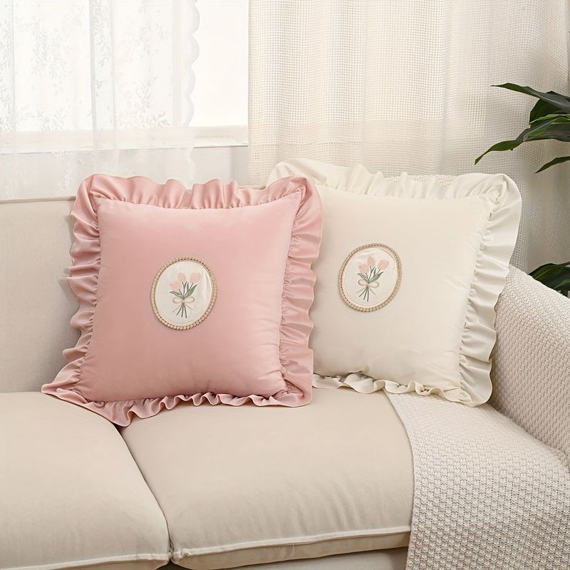 غطاء وسادة مقاس 45x45 سم (18x18 بوصة) باقة توليب مخملية هولندية خضراء بحواف مكشكشة، بدون حشوة، قطعة واحدة، مريح وسهل لديكور غرفة المعيشة والأريكة وغرفة النوم - Image 4