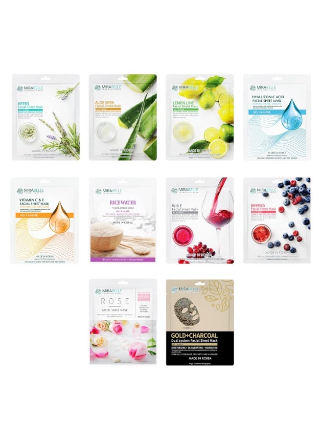 Mirabelle Rejuvenation Facial Sheet Mask for Radiant Skin, Women & Men, Made In Korea, Combo Pack of 10 (Each 25ml) - Image 1