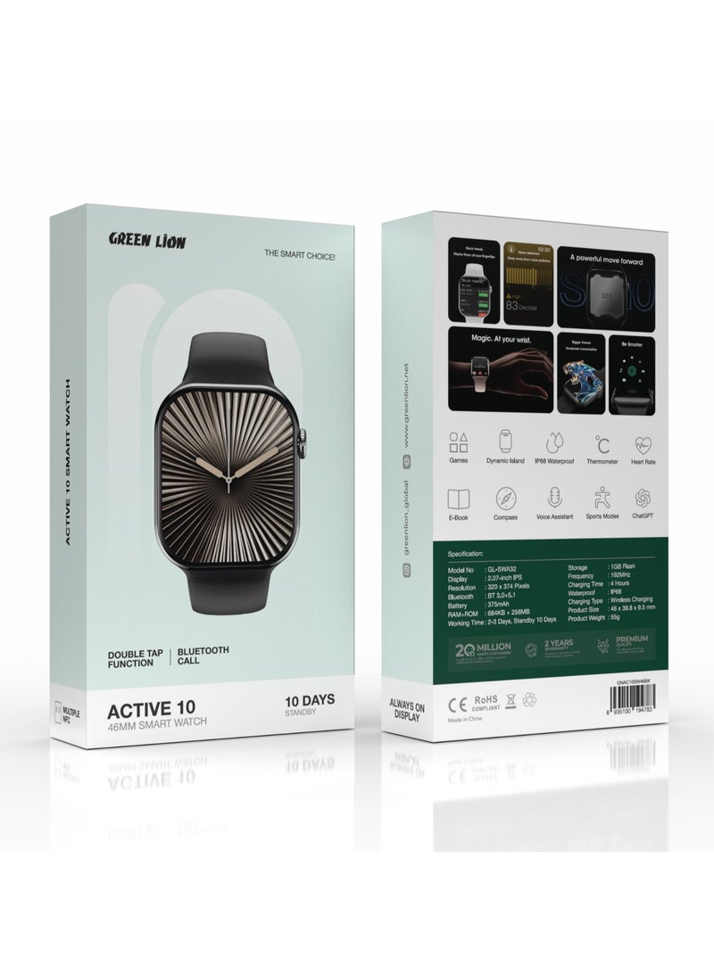 GREEN LION Active 10 Smart Watch 46MM/Smartwatch for Men/ Voice Assistant / Sports Modes / ChatGPT / Heart Rate / Thermometer / 10 Days Standby / 2-3 Days Working Time / Double Tap Function / Bluetooth Call - Black - Image 3
