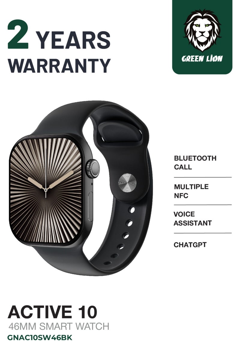 GREEN LION Active 10 Smart Watch 46MM/Smartwatch for Men/ Voice Assistant / Sports Modes / ChatGPT / Heart Rate / Thermometer / 10 Days Standby / 2-3 Days Working Time / Double Tap Function / Bluetooth Call - Black - Image 1