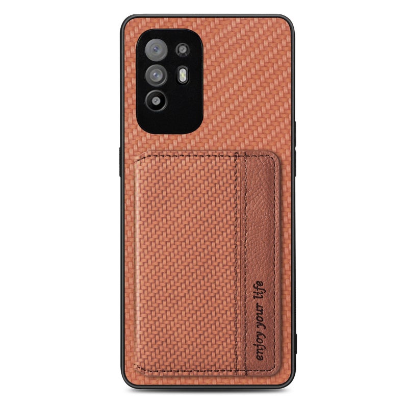 HuHa Case Cover For OPPO A94 5G Carbon Fiber Magnetic Card Bag Phone Case(Brown) - Image 2