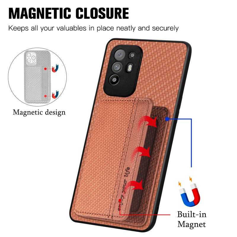 HuHa Case Cover For OPPO A94 5G Carbon Fiber Magnetic Card Bag Phone Case(Brown) - Image 3