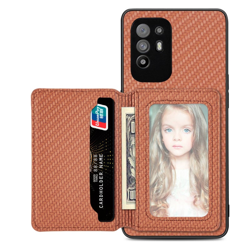 HuHa Case Cover For OPPO A94 5G Carbon Fiber Magnetic Card Bag Phone Case(Brown) - Image 1