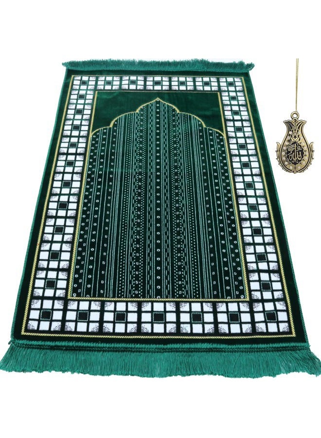 Modefa Turkish Prayer Rug Plush Velvet Janamaz Sajjadah Namaz Seccade Prayer Mat Carpet Free Car Hanger Vined Arch (Green) - Image 1