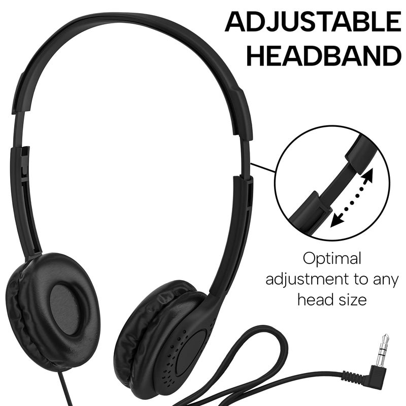 Maeline Bulk Classroom Student Headphones On Ear Stereo Headphones Adjustable Band & Faux Leather Cushions for Kids Online Learning, Library, School, Travel - 3.5mm Plug - 10 Pack - Black - Image 3