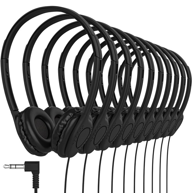 Maeline Bulk Classroom Student Headphones On Ear Stereo Headphones Adjustable Band & Faux Leather Cushions for Kids Online Learning, Library, School, Travel - 3.5mm Plug - 10 Pack - Black - Image 1