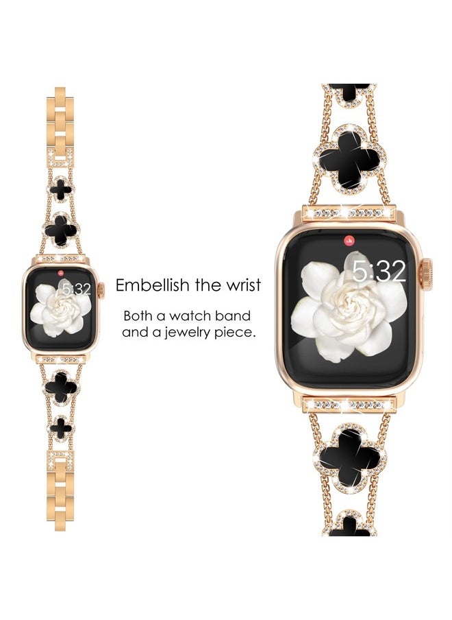 Compatible for Apple Watch Band Series 8 Series 7 41mm 40mm SE Series 6 5 4 3 38mm, Sparkling Bling Diamonds Clover Leaf Bracelet for iWatch Band Womens, Rosegold/Black