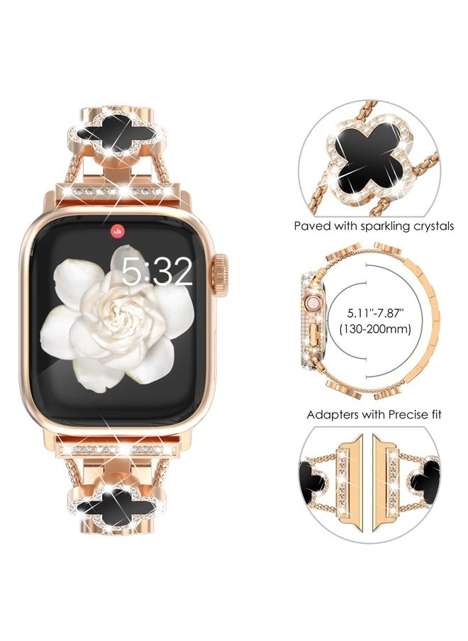 Compatible for Apple Watch Band Series 8 Series 7 41mm 40mm SE Series 6 5 4 3 38mm, Sparkling Bling Diamonds Clover Leaf Bracelet for iWatch Band Womens, Rosegold/Black