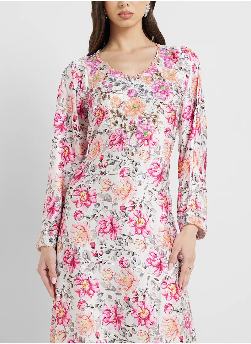 ARABIAN CLOSET Embellished Belted Jalabiya
