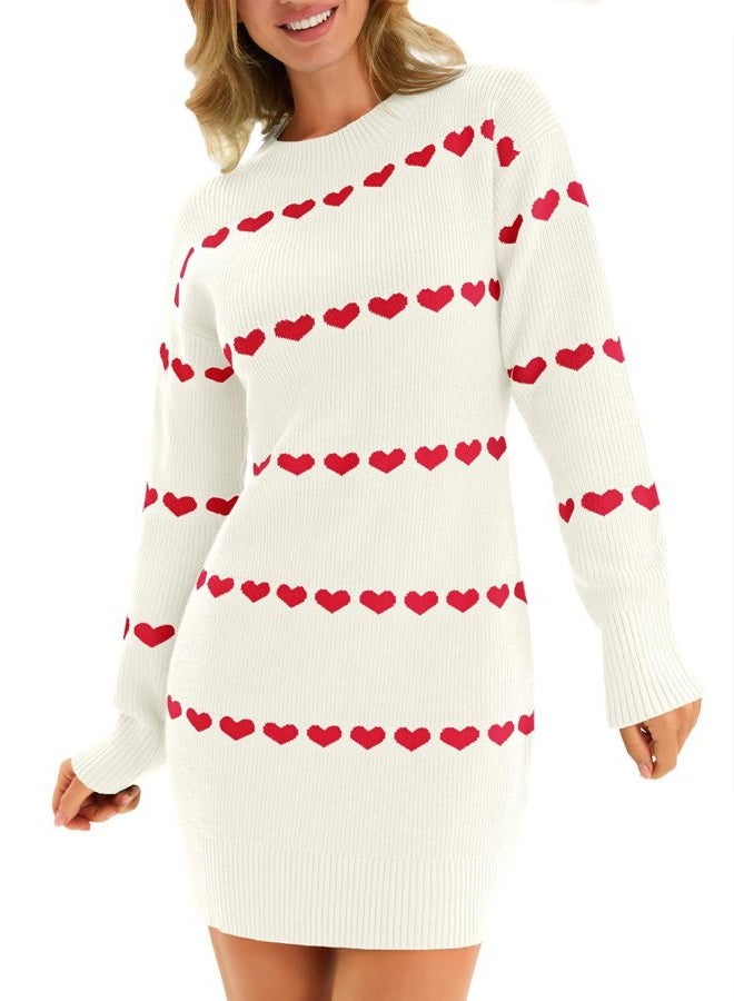 Wenrine Womens Long Sleeve Sweater Dress Fall Knit Heart Crewneck Cute Valentines Bodycon Mini Dresses, White, L - Image 1