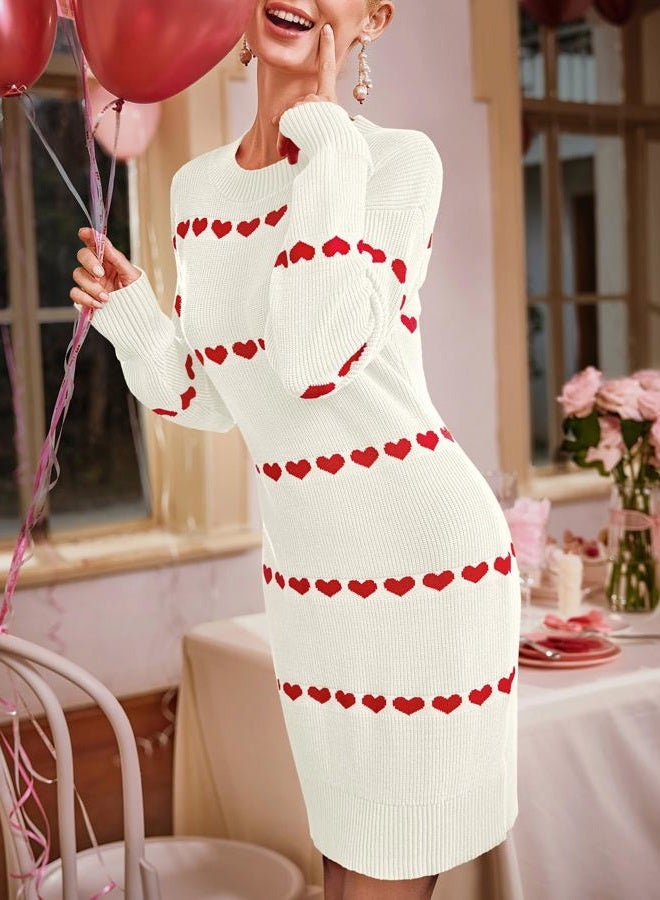 Wenrine Womens Long Sleeve Sweater Dress Fall Knit Heart Crewneck Cute Valentines Bodycon Mini Dresses, White, L - Image 4