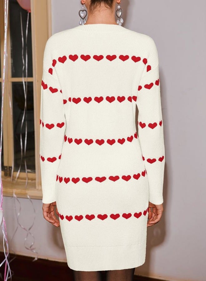 Wenrine Womens Long Sleeve Sweater Dress Fall Knit Heart Crewneck Cute Valentines Bodycon Mini Dresses, White, L - Image 5
