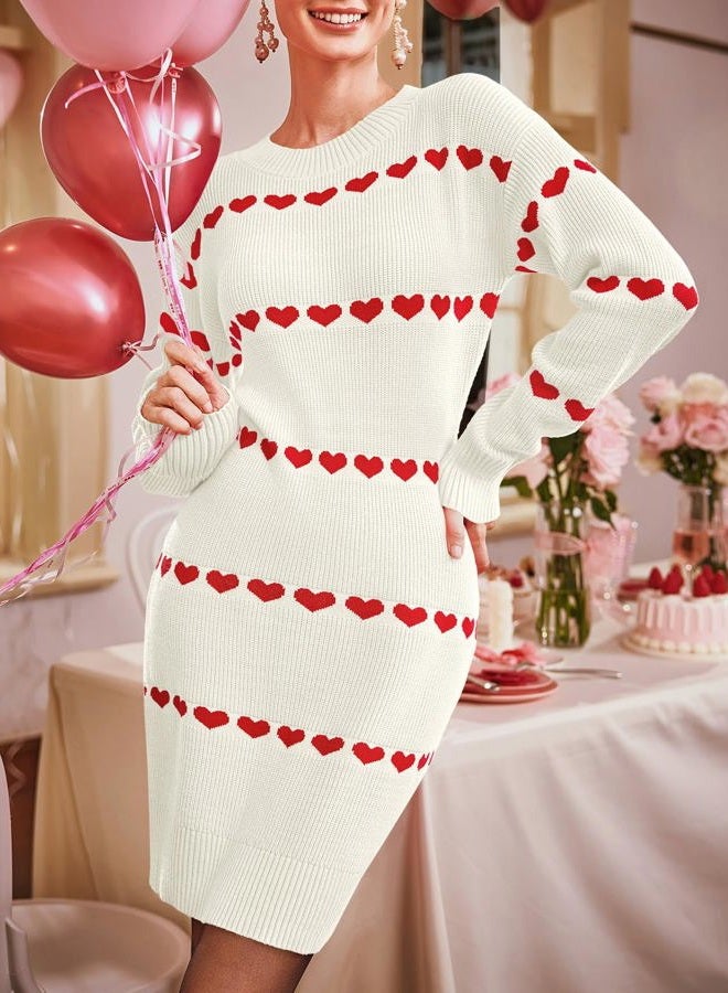 Wenrine Womens Long Sleeve Sweater Dress Fall Knit Heart Crewneck Cute Valentines Bodycon Mini Dresses, White, L - Image 2