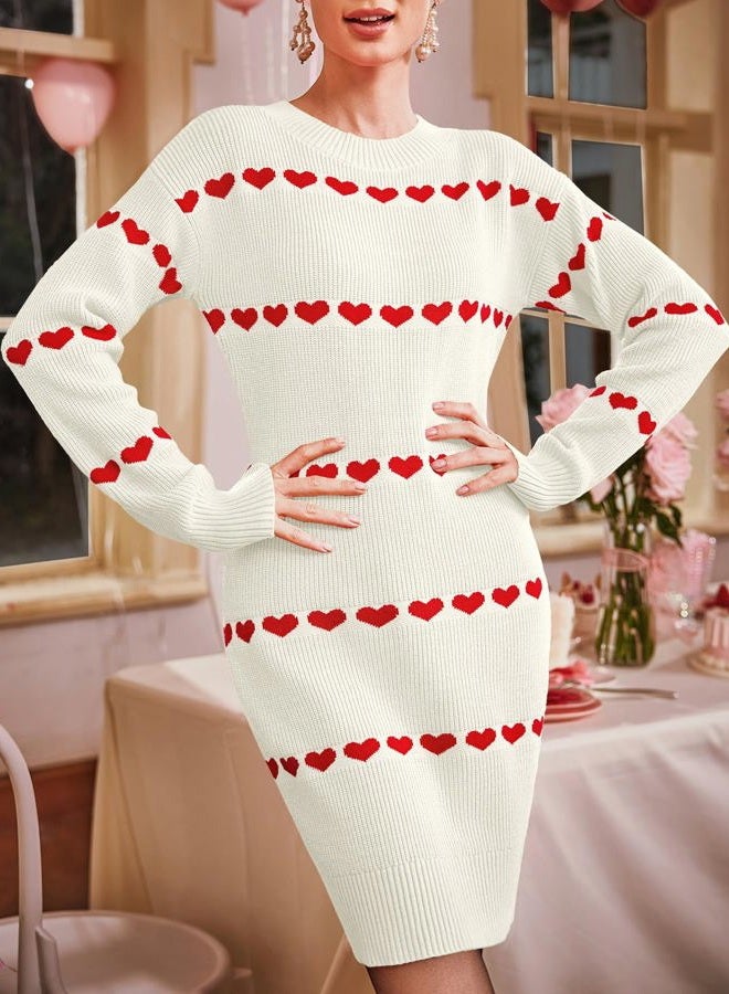 Wenrine Womens Long Sleeve Sweater Dress Fall Knit Heart Crewneck Cute Valentines Bodycon Mini Dresses, White, L - Image 3