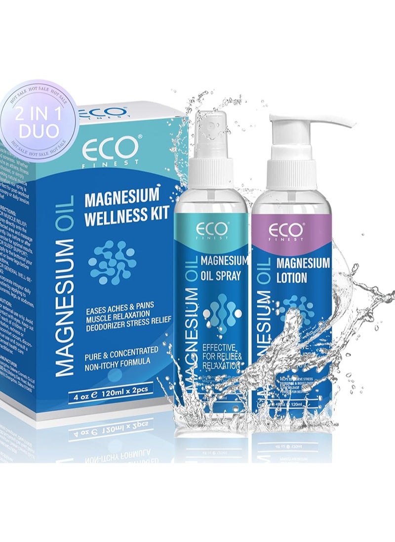 ECO finest Magnesium Wellness Kit，Pure Magnesium Oil Spray & Lotion Duo, Topical Magnesium Oil Lotion for Feet, Skin & Body, Easy to Absorb and Use, Women & Men（120ml+120ml）  - Image 1