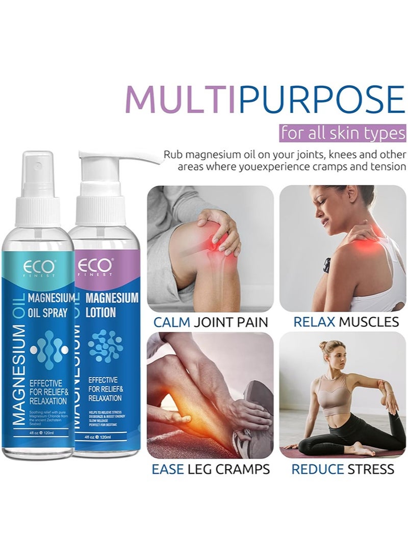 ECO finest Magnesium Wellness Kit，Pure Magnesium Oil Spray & Lotion Duo, Topical Magnesium Oil Lotion for Feet, Skin & Body, Easy to Absorb and Use, Women & Men（120ml+120ml）  - Image 2