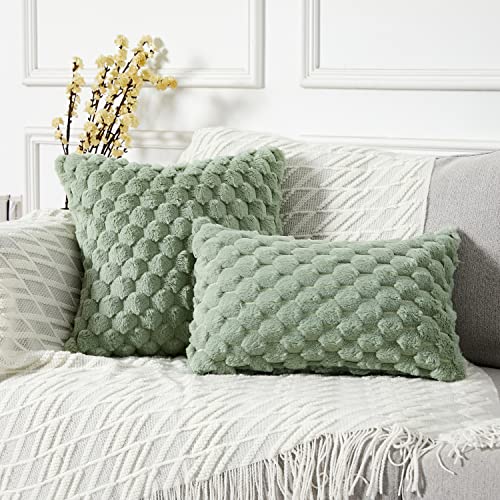Yaertun Pack of 2 Super Soft Cozy Lumbar Decorative Throw Pillow Covers Fuzzy Plush Faux Fur Luxury Cushion Cover Pillowcase for Sofa Couch Bed Livingroom 12x20 Inch Sage Green - Image 2