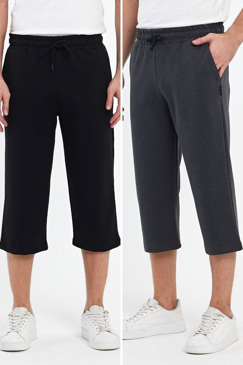 Comeor Men's 2-Pack Side Pocket Bermuda Knee Length Capri Adjustable Elastic Waist Long Shorts  - Image 1